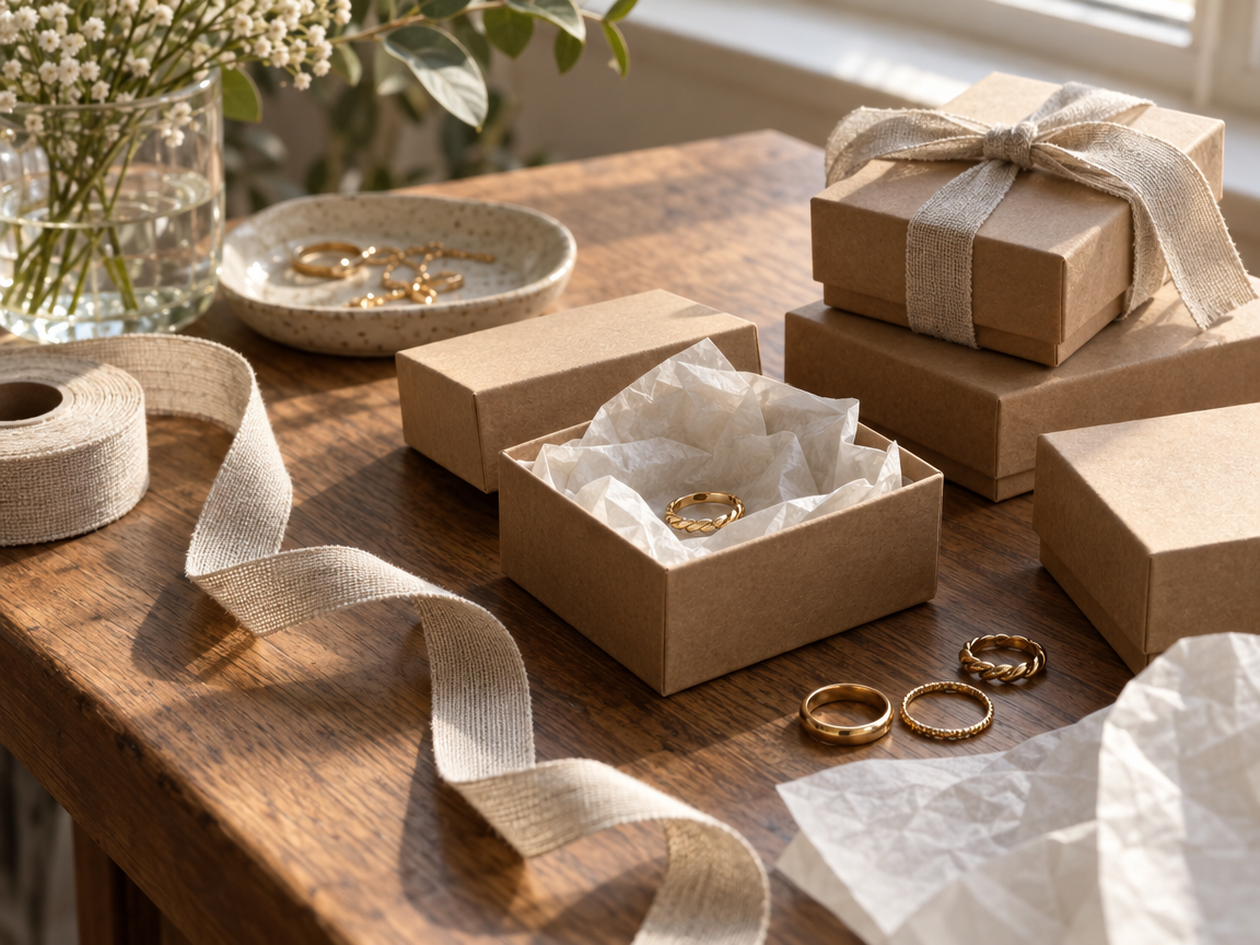 Gift boxes and tissue paper on a packing table